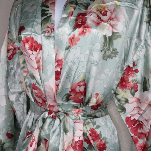 Vintage California Dynesty Full Length Satin Robe Green Floral Shoulder Pads NEW - Picture 7 of 12